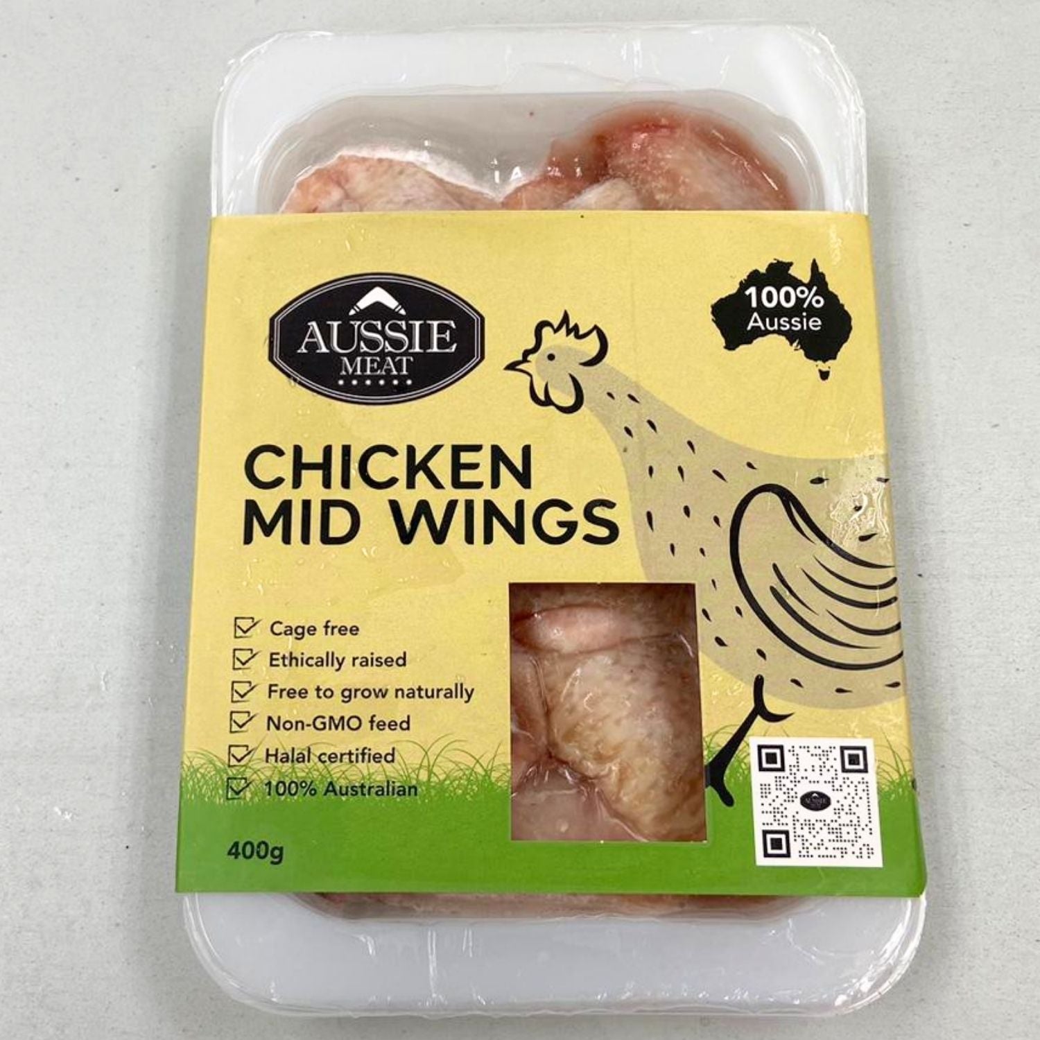 Packaged chicken mid wings with Aussie Meat branding on a light gray background - 批發價澳洲無激素雞中翼(400克)|買二十送六