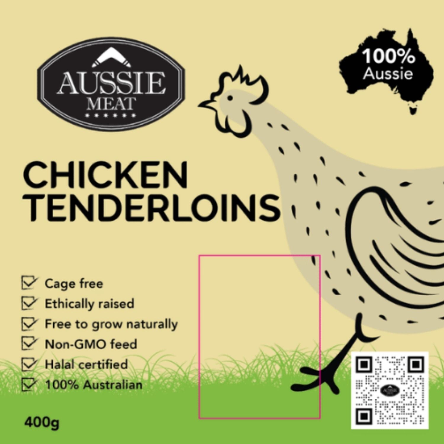 Aussie Meat chicken tenderloins packaging with a chicken illustration and certification details on a beige background. - Wholesale Australian Hormone Free Chicken Tenderloins (400g) | Buy 20 Get 6 Free