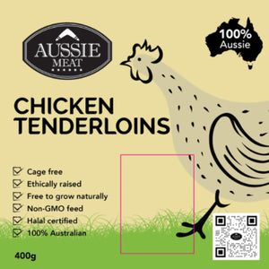 Aussie Meat chicken tenderloins packaging with a chicken illustration and certification details on a beige background. - Wholesale Australian Hormone Free Chicken Tenderloins (400g) | Buy 20 Get 6 Free