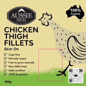 Aussie Meat chicken thigh fillets packaging with a chicken illustration and certification details on a beige background. - 澳洲無激素連皮雞扒(400克)|買二十送六