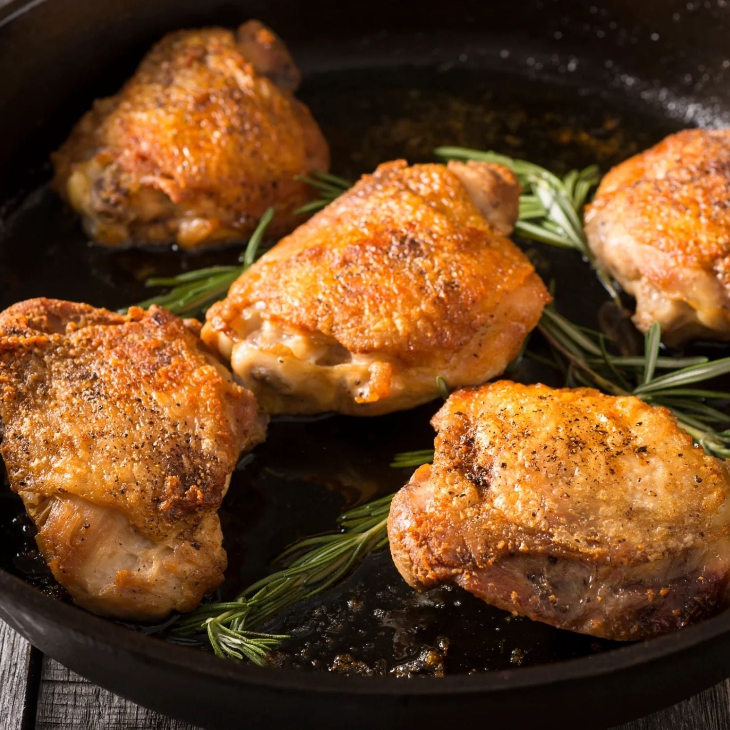 Roasted chicken thighs with rosemary in a black skillet on a wooden surface - 澳洲無激素連皮雞扒(400克)|買二十送六