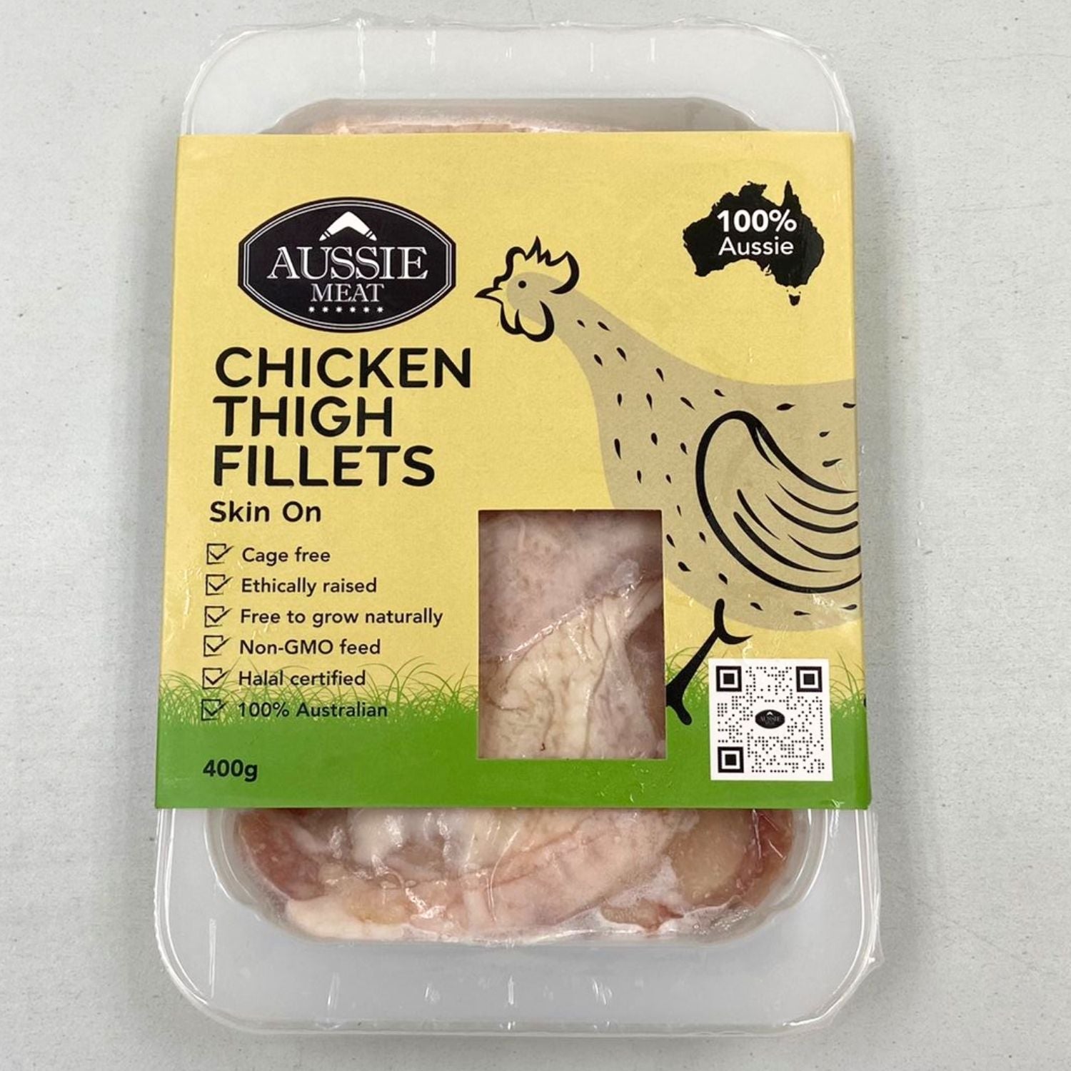 Packaged chicken thigh fillets with Aussie Meat branding on a light gray background - 澳洲無激素連皮雞扒(400克)|買二十送六