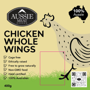 Package of Aussie Meat chicken whole wings with a chicken illustration and certification details on a beige background. - Wholesale Australian Hormone Free Chicken Whole Wings (400g) | Buy 20 Get 6 Free