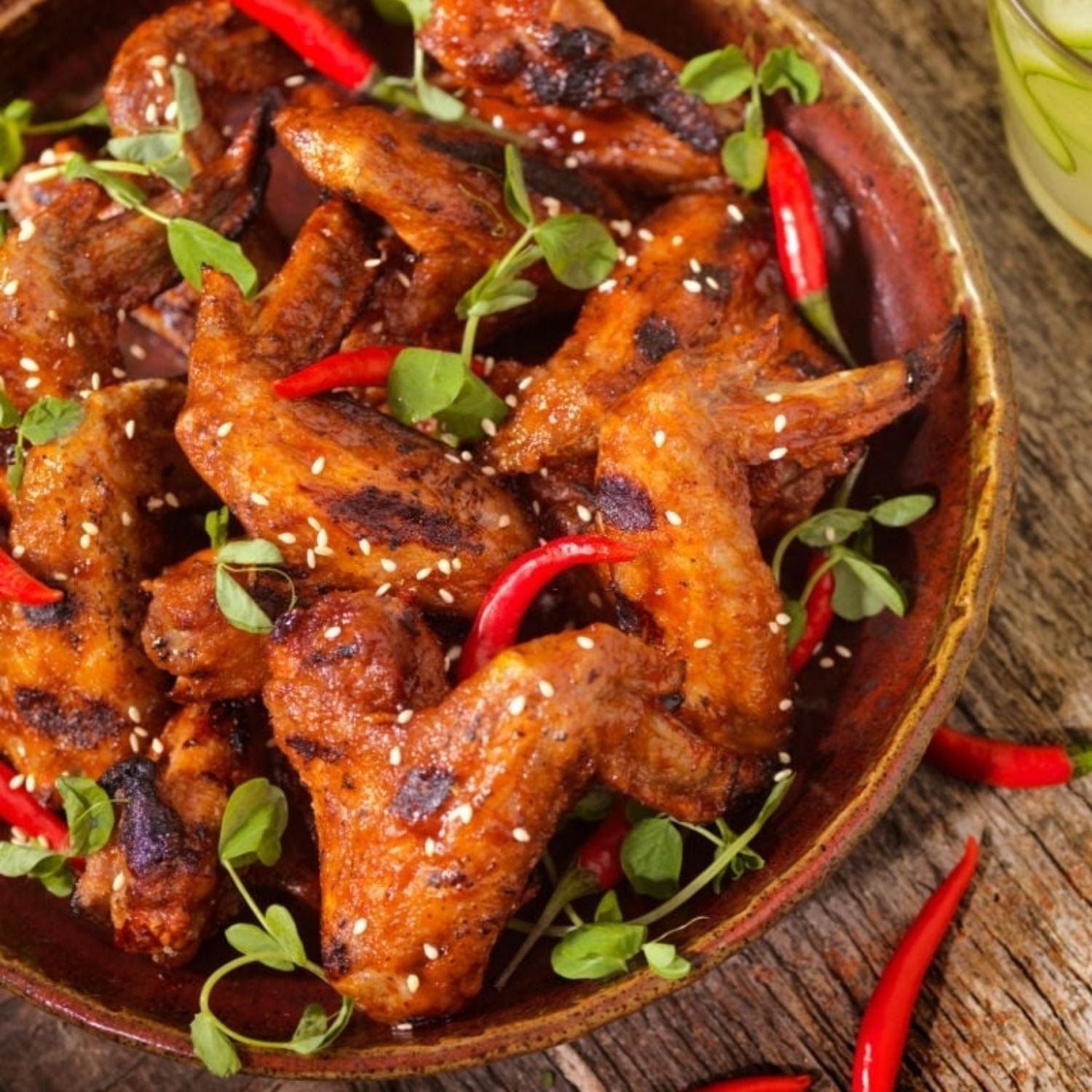 Baked chicken wings with sesame seeds and red peppers on a wooden plate - Wholesale Australian Hormone Free Chicken Whole Wings (400g) | Buy 20 Get 6 Free